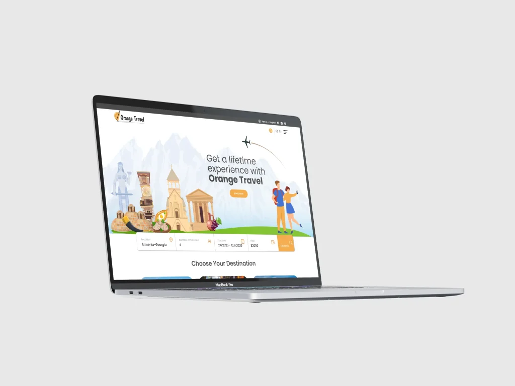 Graffix desktop UX/UI design for Orange Travel – modern travel booking website showcasing tours in Armenia, Georgia, France, India, and Morocco, optimized for audiences in USA, Europe, and Canada.