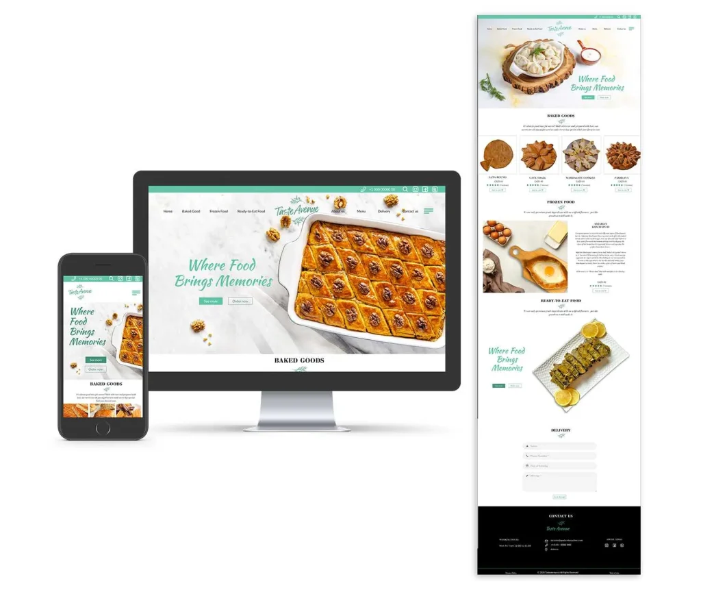 Graffix responsive UX/UI design for TasteAvenue.ca – food delivery website featuring baked goods, frozen food, and ready-to-eat meals, displayed across mobile, desktop, and full homepage layout.